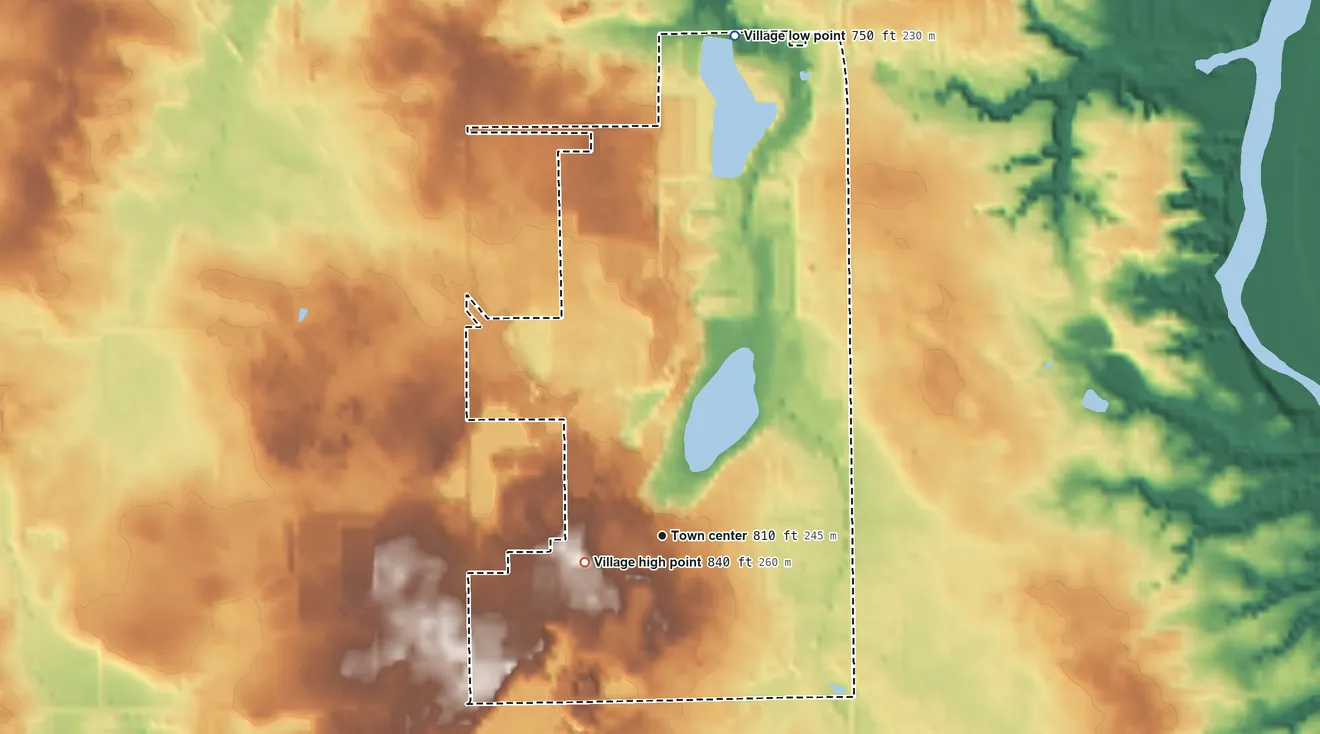 Topographic elevation map of Caledonia, Michigan, shaded from 750 ft on the north side to 840 ft on the west side