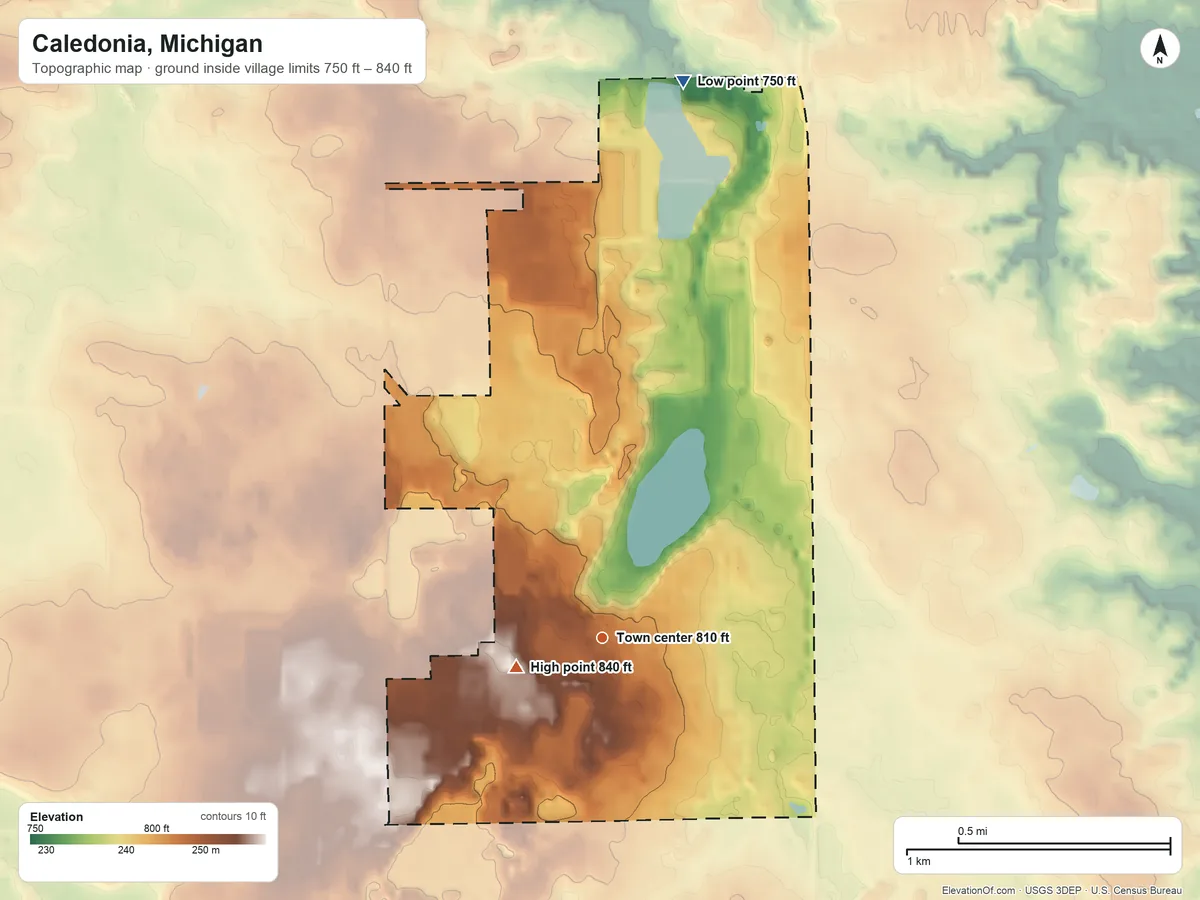 Topographic elevation map of Caledonia, Michigan, shaded from 750 ft on the north side to 840 ft on the west side