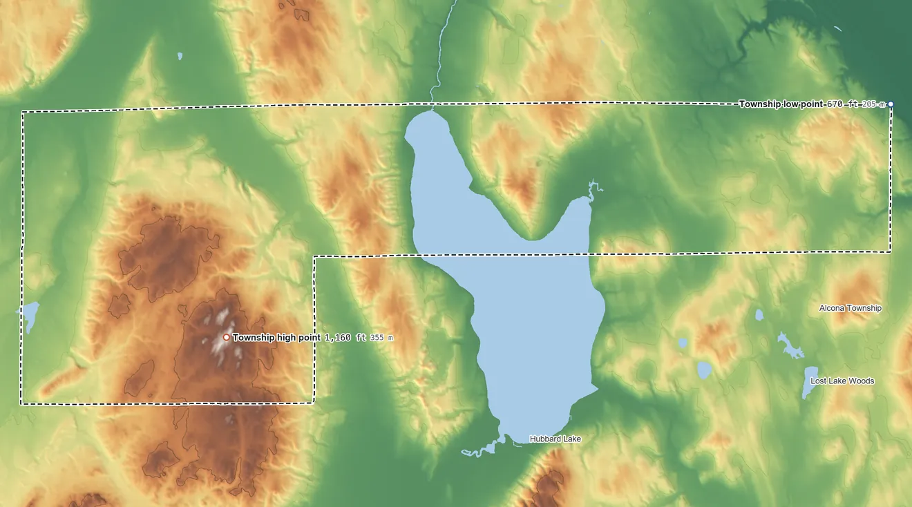 Topographic elevation map of Caledonia Township, Alcona County, Michigan, shaded from 670 ft on the east side to 1,160 ft on the southwest side