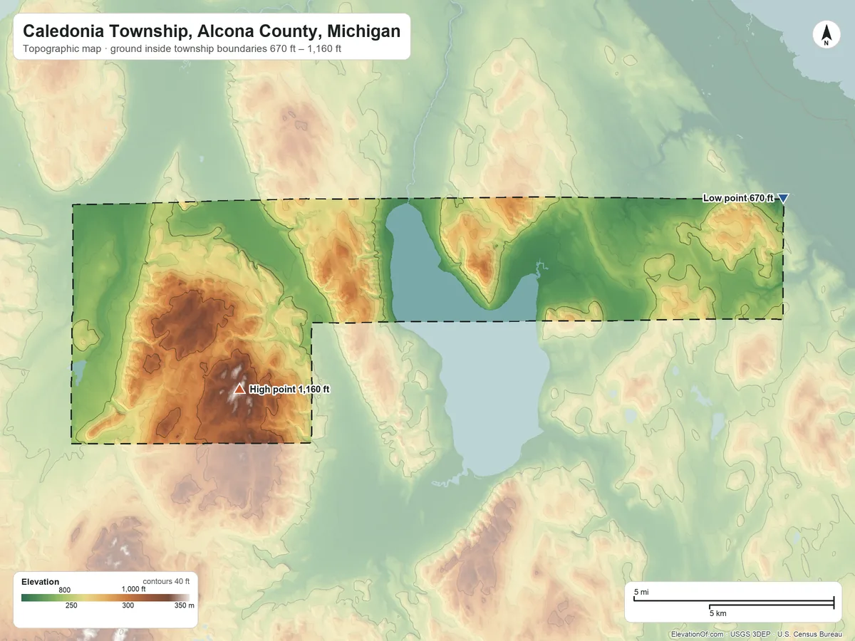 Topographic elevation map of Caledonia Township, Alcona County, Michigan, shaded from 670 ft on the east side to 1,160 ft on the southwest side