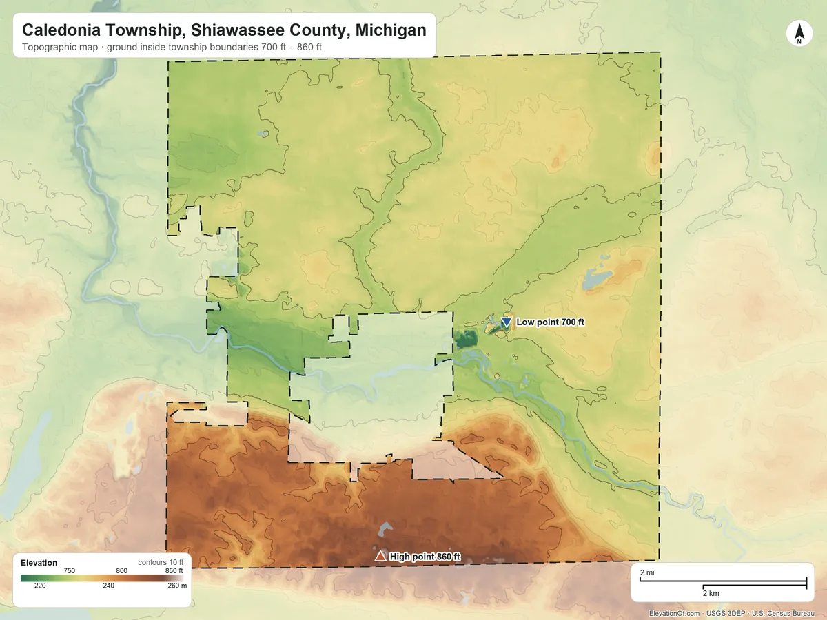 Topographic elevation map of Caledonia Township, Shiawassee County, Michigan, shaded from 700 ft on the east side to 860 ft on the south side
