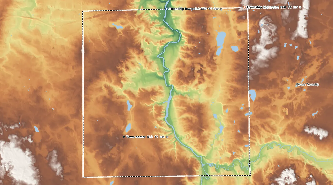 Topographic elevation map of Caledonia Township, Michigan, shaded from 660 ft on the north side to 860 ft on the northeast side