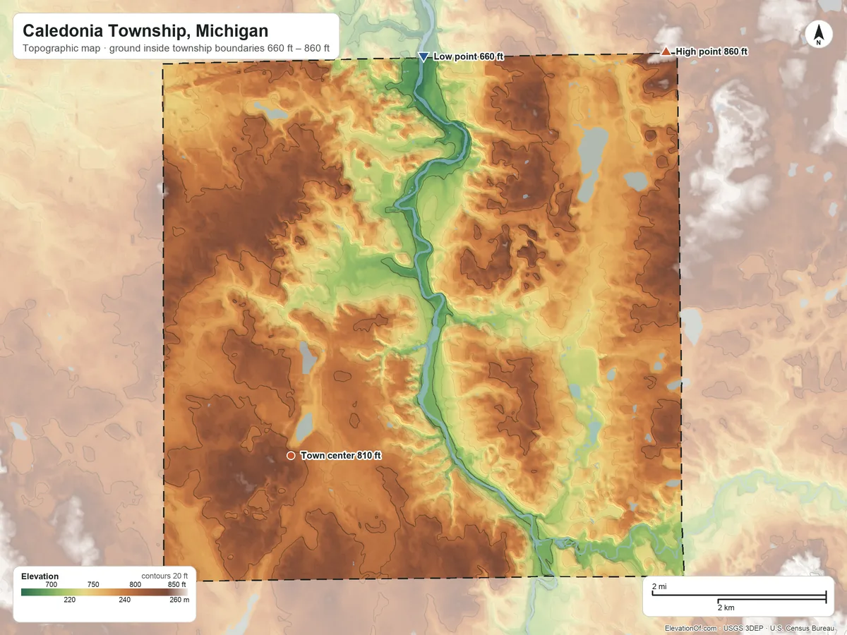 Topographic elevation map of Caledonia Township, Michigan, shaded from 660 ft on the north side to 860 ft on the northeast side
