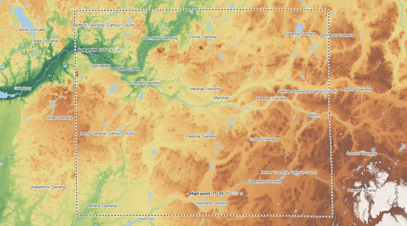 Topographic elevation map of Calhoun County, Michigan, shaded from 790 ft on the northwest side to 1,100 ft on Dixon Hill