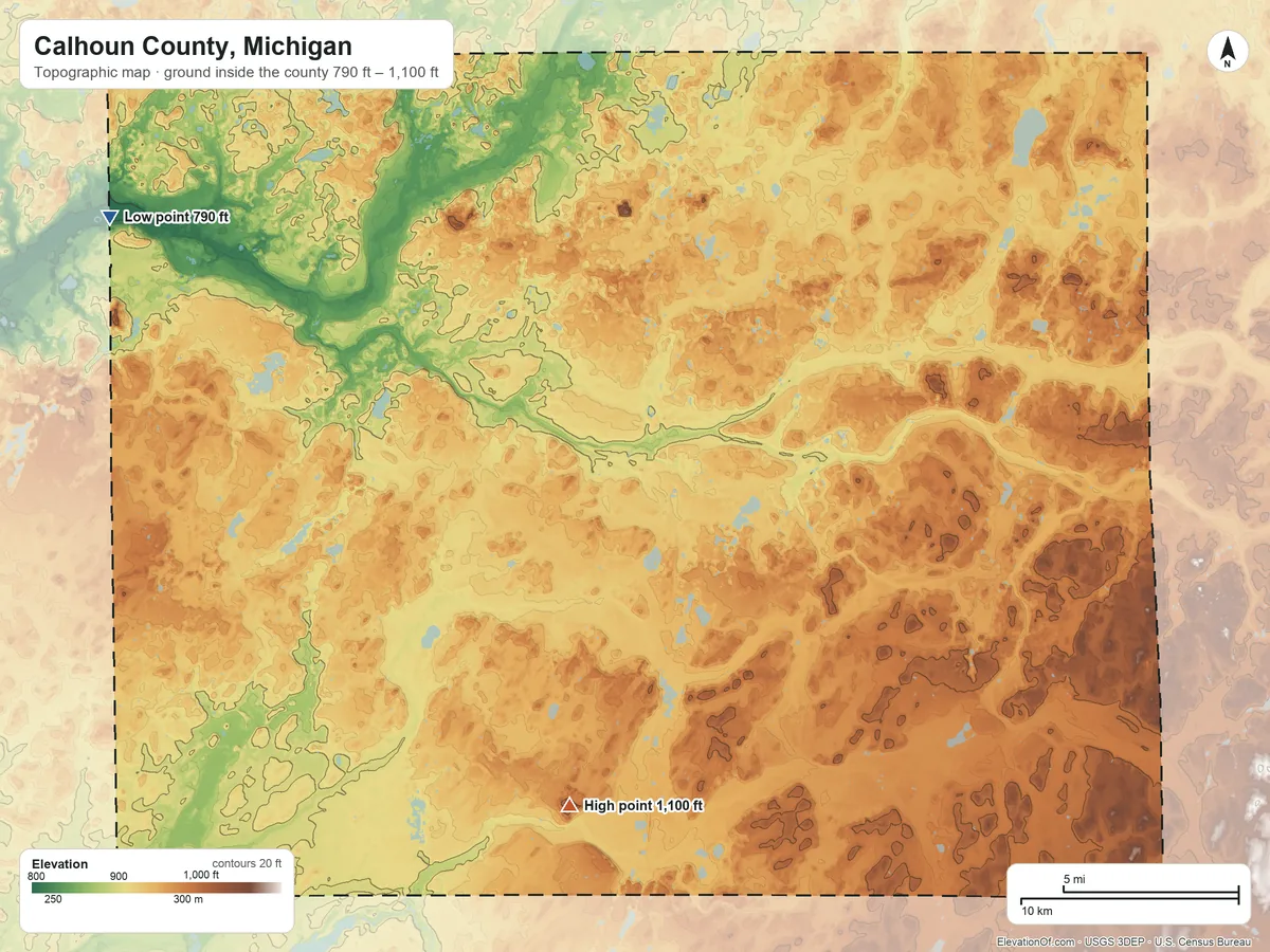 Topographic elevation map of Calhoun County, Michigan, shaded from 790 ft on the northwest side to 1,100 ft on Dixon Hill