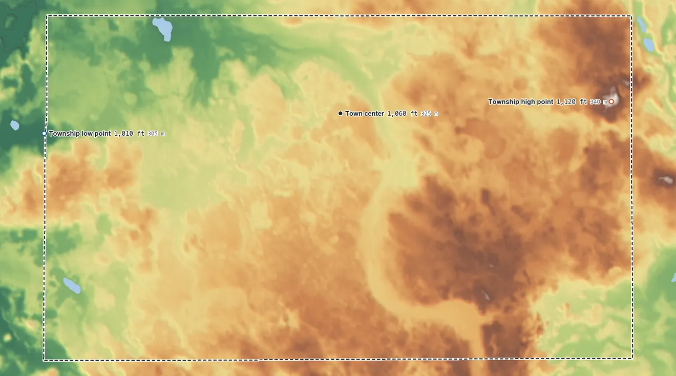 Topographic elevation map of California Township, Michigan, shaded from 1,010 ft on the west side to 1,120 ft on the east side