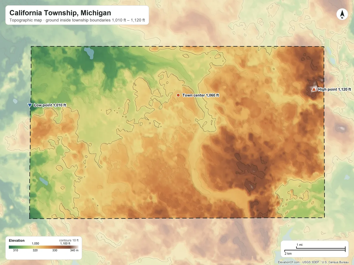 Topographic elevation map of California Township, Michigan, shaded from 1,010 ft on the west side to 1,120 ft on the east side