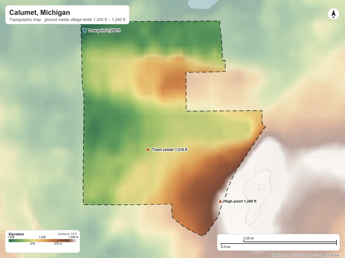 Topographic elevation map of Calumet, Michigan, shaded from 1,200 ft on the northwest side to 1,240 ft on the southeast side