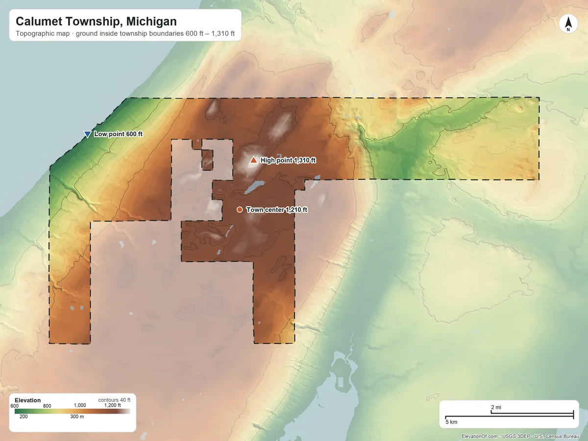Topographic elevation map of Calumet Township, Michigan, shaded from 600 ft on the northwest side to 1,310 ft near the middle