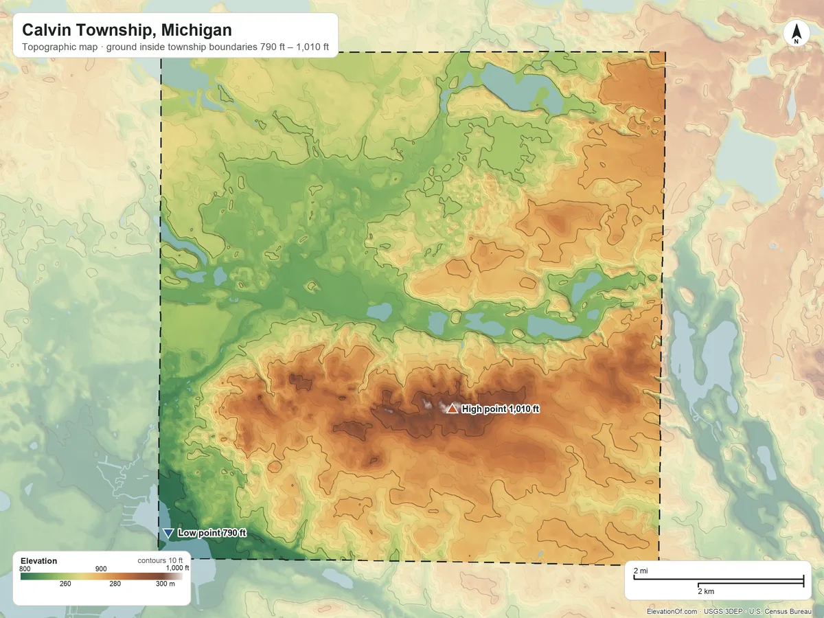 Topographic elevation map of Calvin Township, Michigan, shaded from 790 ft on the southwest side to 1,010 ft on the southeast side