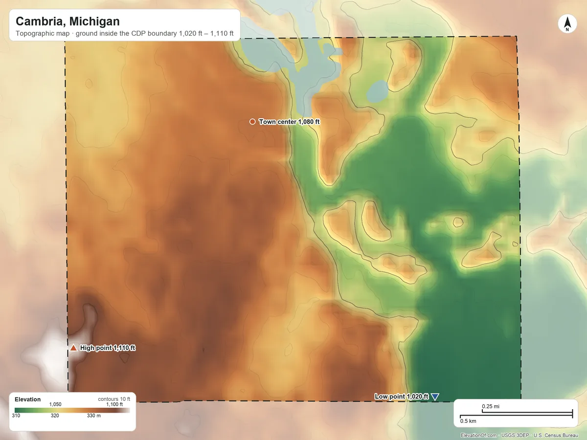 Topographic elevation map of Cambria, Michigan, shaded from 1,020 ft on the southeast side to 1,110 ft on the southwest side
