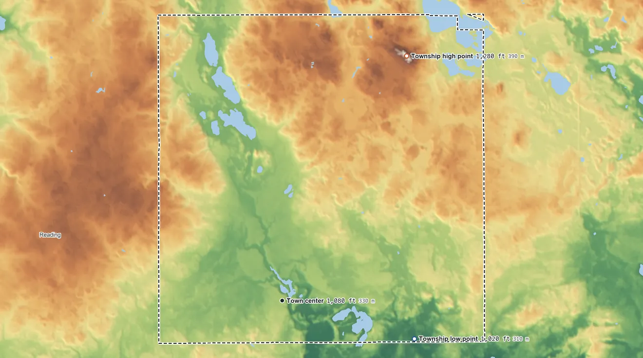 Topographic elevation map of Cambria Township, Michigan, shaded from 1,020 ft on the east side to 1,280 ft on the northeast side