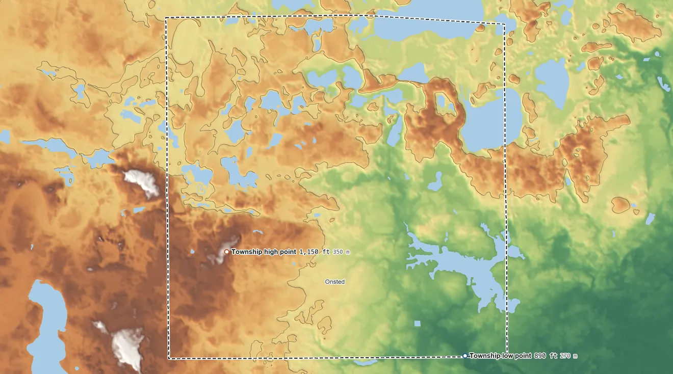 Topographic elevation map of Cambridge Township, Michigan, shaded from 890 ft on the southeast side to 1,150 ft on the west side
