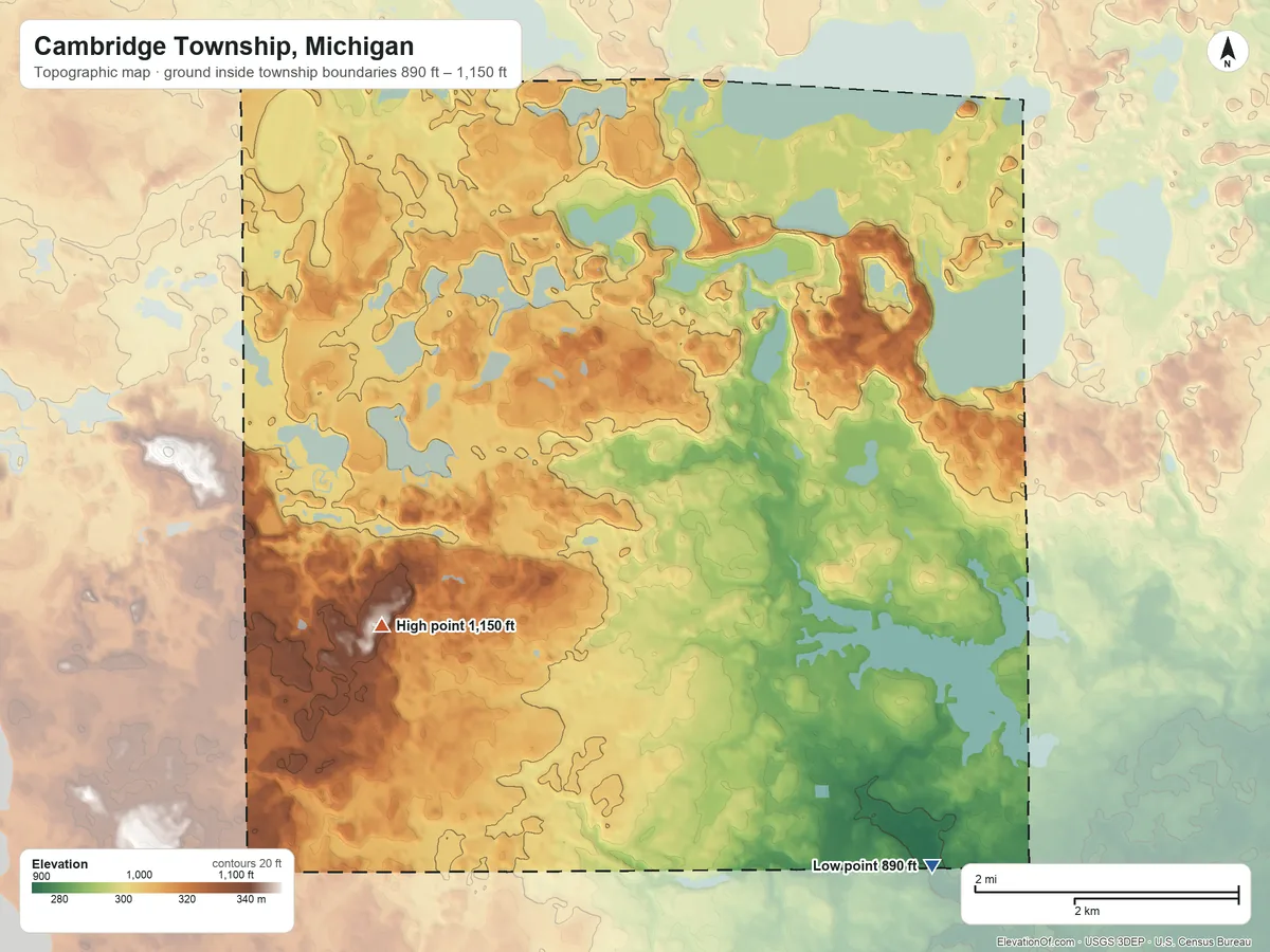 Topographic elevation map of Cambridge Township, Michigan, shaded from 890 ft on the southeast side to 1,150 ft on the west side