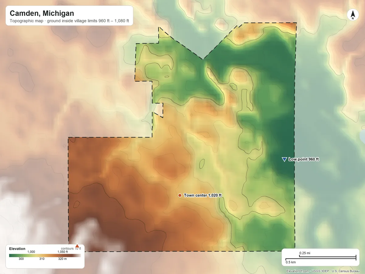 Topographic elevation map of Camden, Michigan, shaded from 960 ft on the east side to 1,080 ft on the southwest side