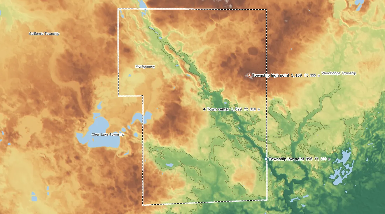 Topographic elevation map of Camden Township, Michigan, shaded from 950 ft on the southeast side to 1,160 ft on the northeast side