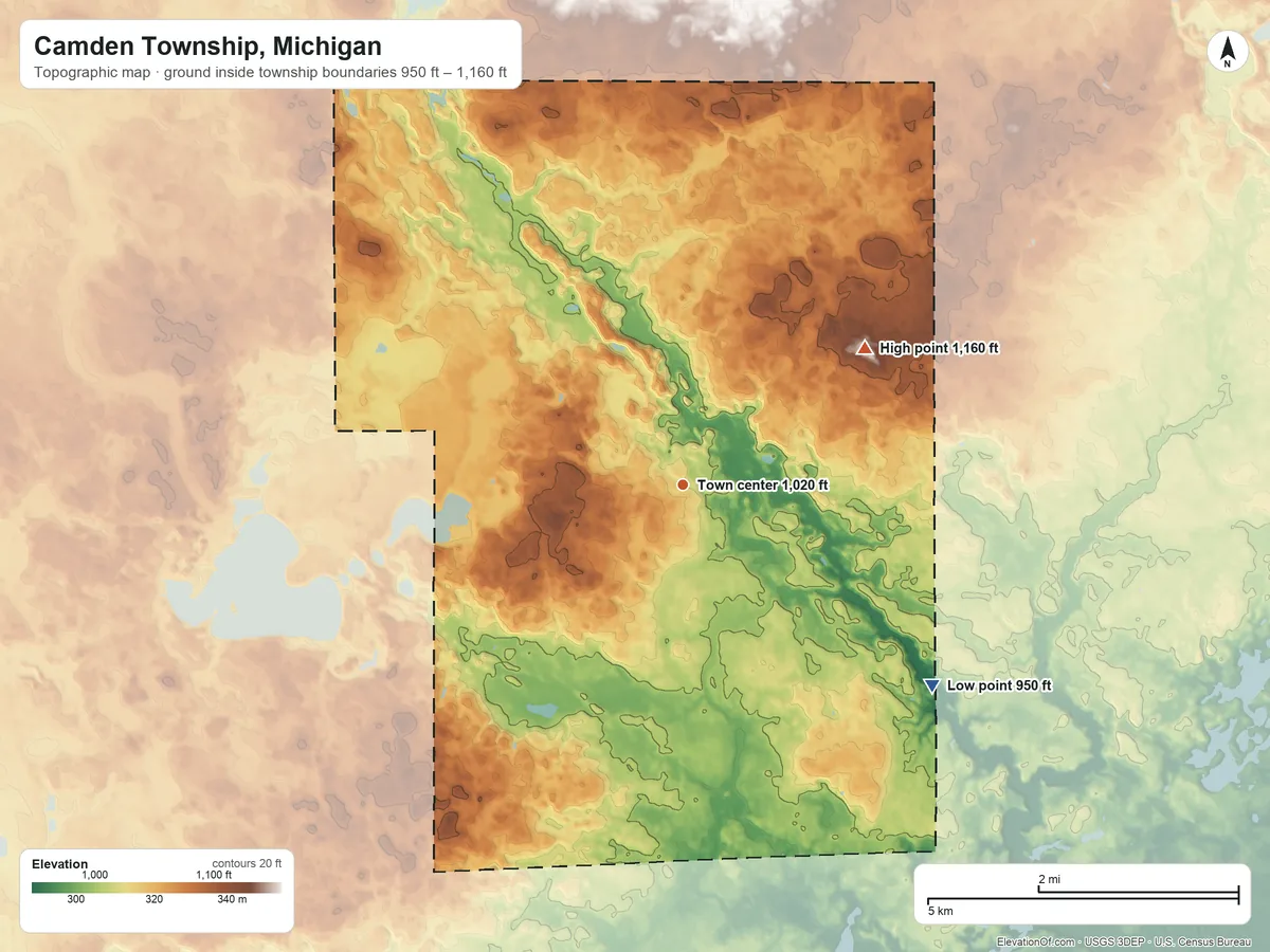 Topographic elevation map of Camden Township, Michigan, shaded from 950 ft on the southeast side to 1,160 ft on the northeast side