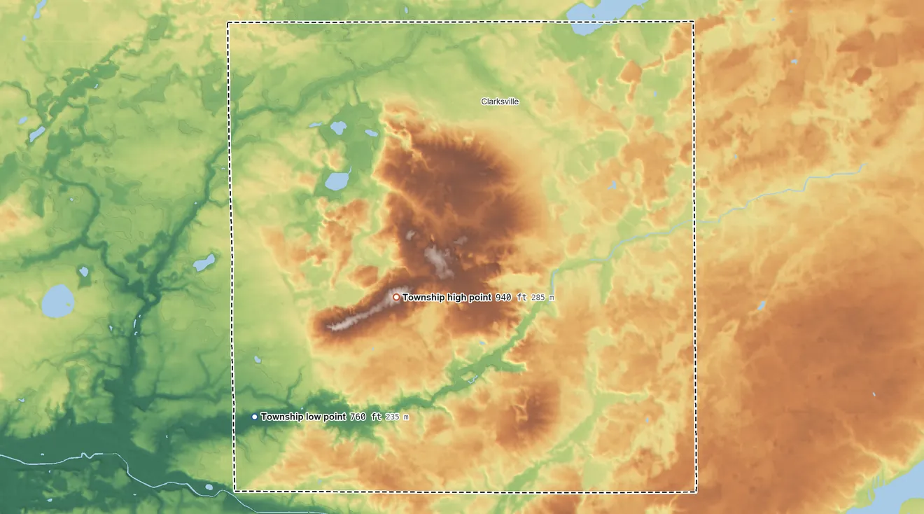 Topographic elevation map of Campbell Township, Michigan, shaded from 760 ft on the southwest side to 940 ft on the southwest side