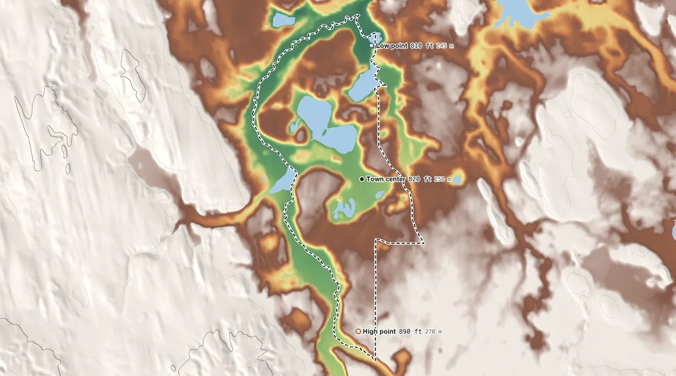 Topographic elevation map of Canada Creek Ranch, Michigan, shaded from 810 ft on the north side to 890 ft on the south side