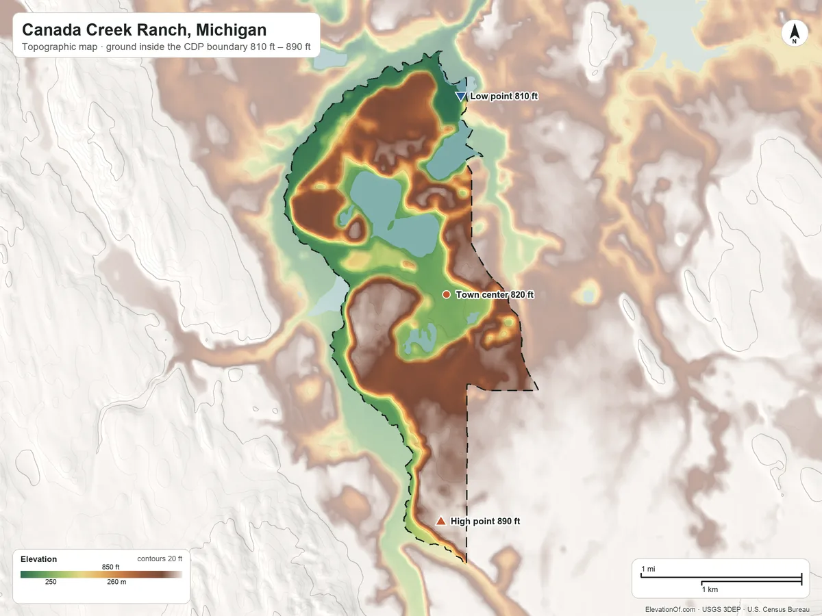 Topographic elevation map of Canada Creek Ranch, Michigan, shaded from 810 ft on the north side to 890 ft on the south side