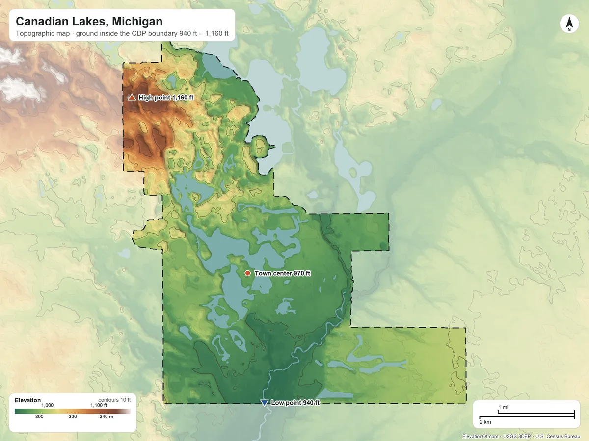 Topographic elevation map of Canadian Lakes, Michigan, shaded from 940 ft on the south side to 1,160 ft on the northwest side
