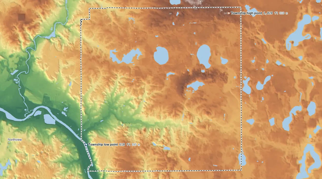 Topographic elevation map of Cannon Township, Michigan, shaded from 610 ft on the southwest side to 1,020 ft on the northeast side
