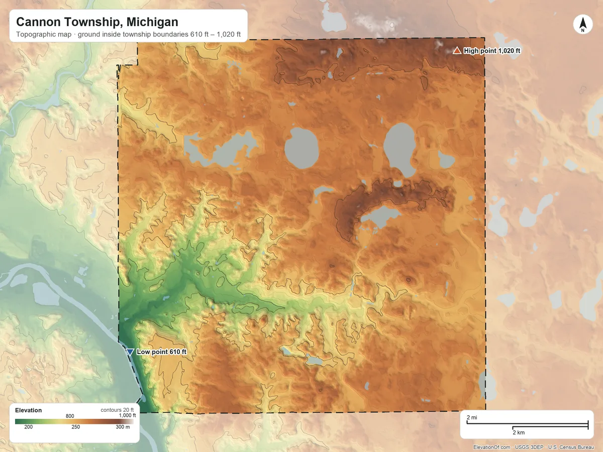 Topographic elevation map of Cannon Township, Michigan, shaded from 610 ft on the southwest side to 1,020 ft on the northeast side