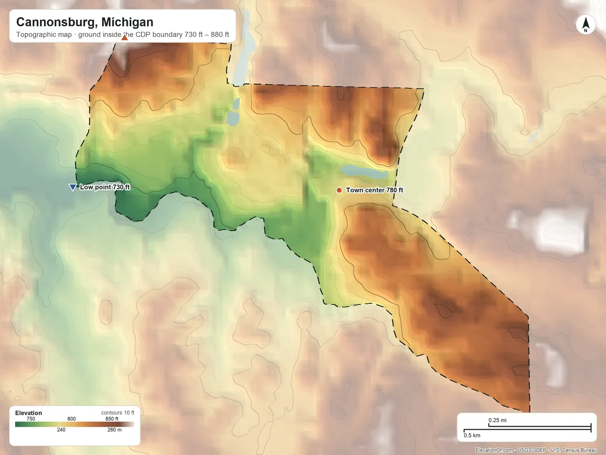 Topographic elevation map of Cannonsburg, Michigan, shaded from 730 ft on the west side to 880 ft on the northwest side