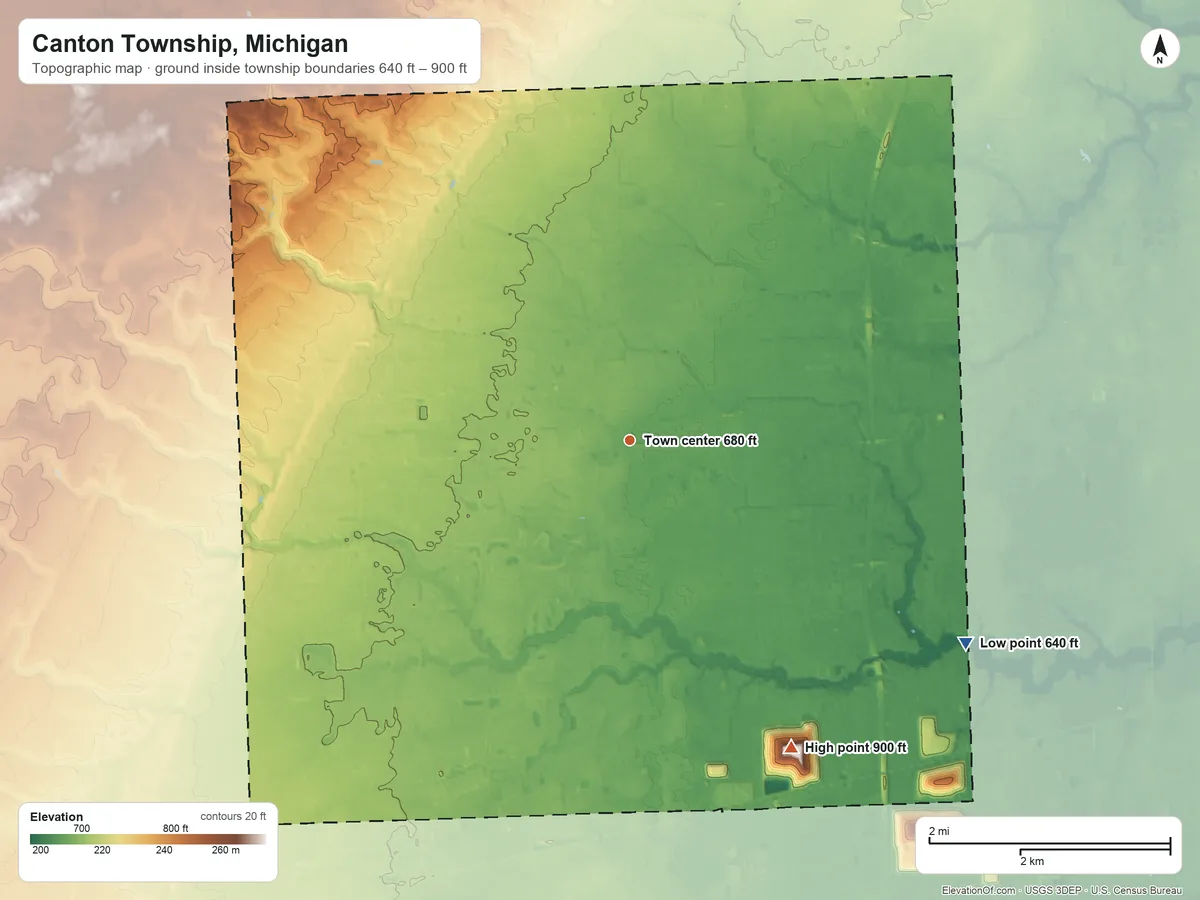 Topographic elevation map of Canton Township, Michigan, shaded from 640 ft on the southeast side to 900 ft on the southeast side