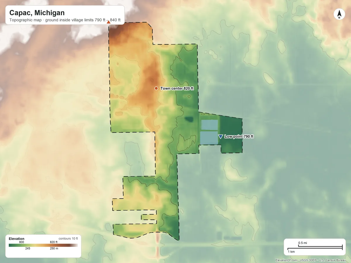 Topographic elevation map of Capac, Michigan, shaded from 790 ft on the southeast side to 840 ft on the northwest side