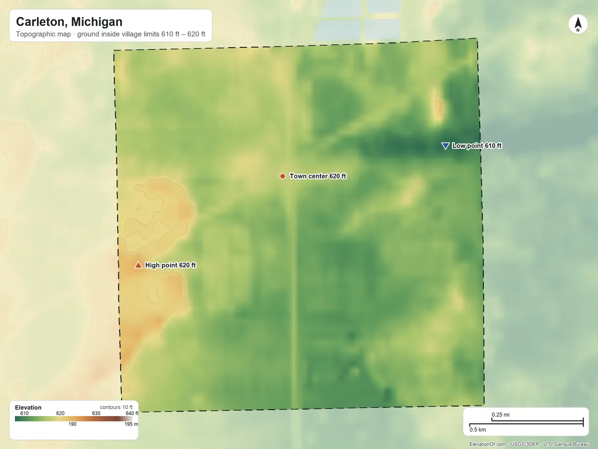 Topographic elevation map of Carleton, Michigan, shaded from 610 ft on the east side to 620 ft on the southwest side