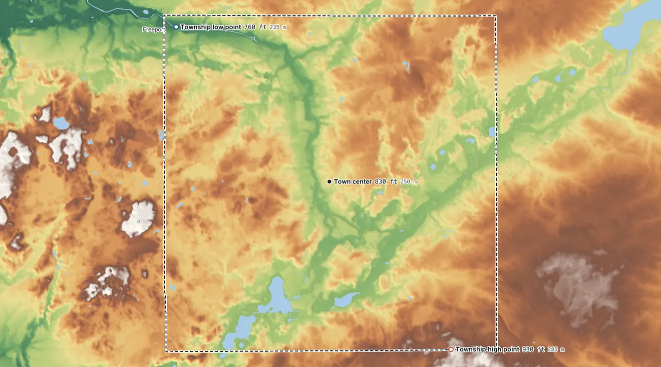 Topographic elevation map of Carlton Township, Michigan, shaded from 760 ft on the northwest side to 930 ft on the southeast side