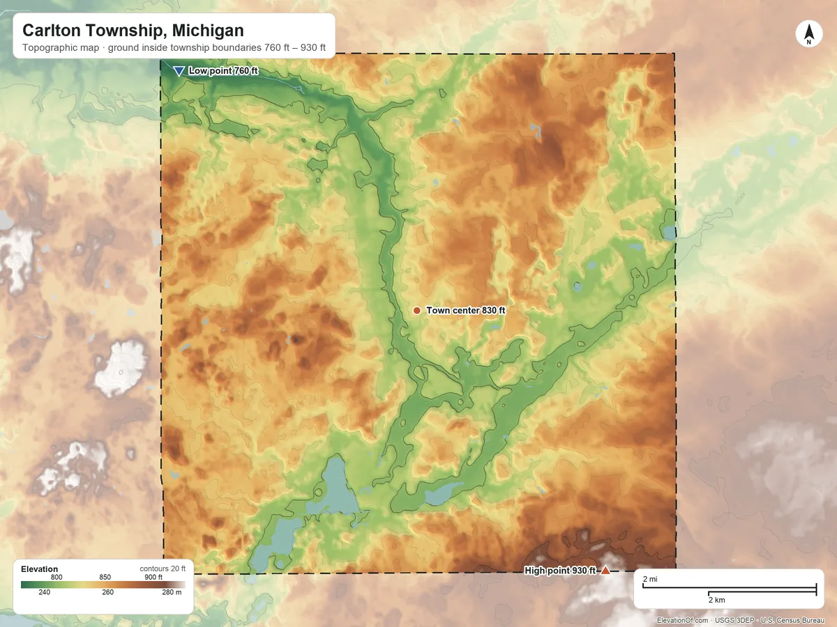 Topographic elevation map of Carlton Township, Michigan, shaded from 760 ft on the northwest side to 930 ft on the southeast side