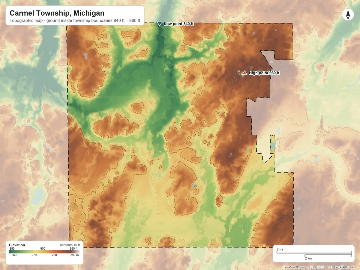 Topographic elevation map of Carmel Township, Michigan, shaded from 840 ft on the north side to 960 ft on the northeast side