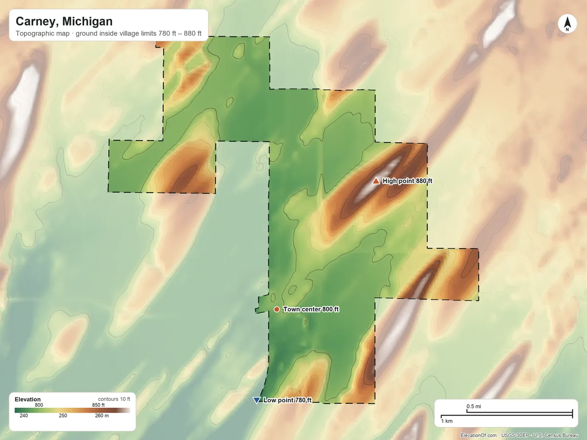 Topographic elevation map of Carney, Michigan, shaded from 780 ft on the south side to 880 ft on the northeast side