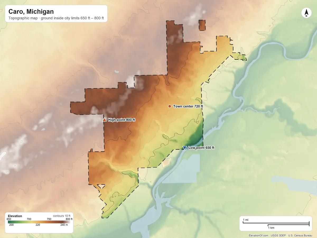 Topographic elevation map of Caro, Michigan, shaded from 650 ft on the south side to 800 ft on the west side