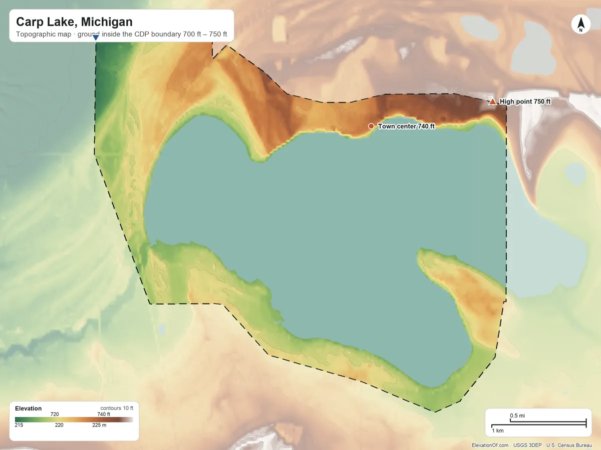Topographic elevation map of Carp Lake, Michigan, shaded from 700 ft on the west side to 750 ft on the east side