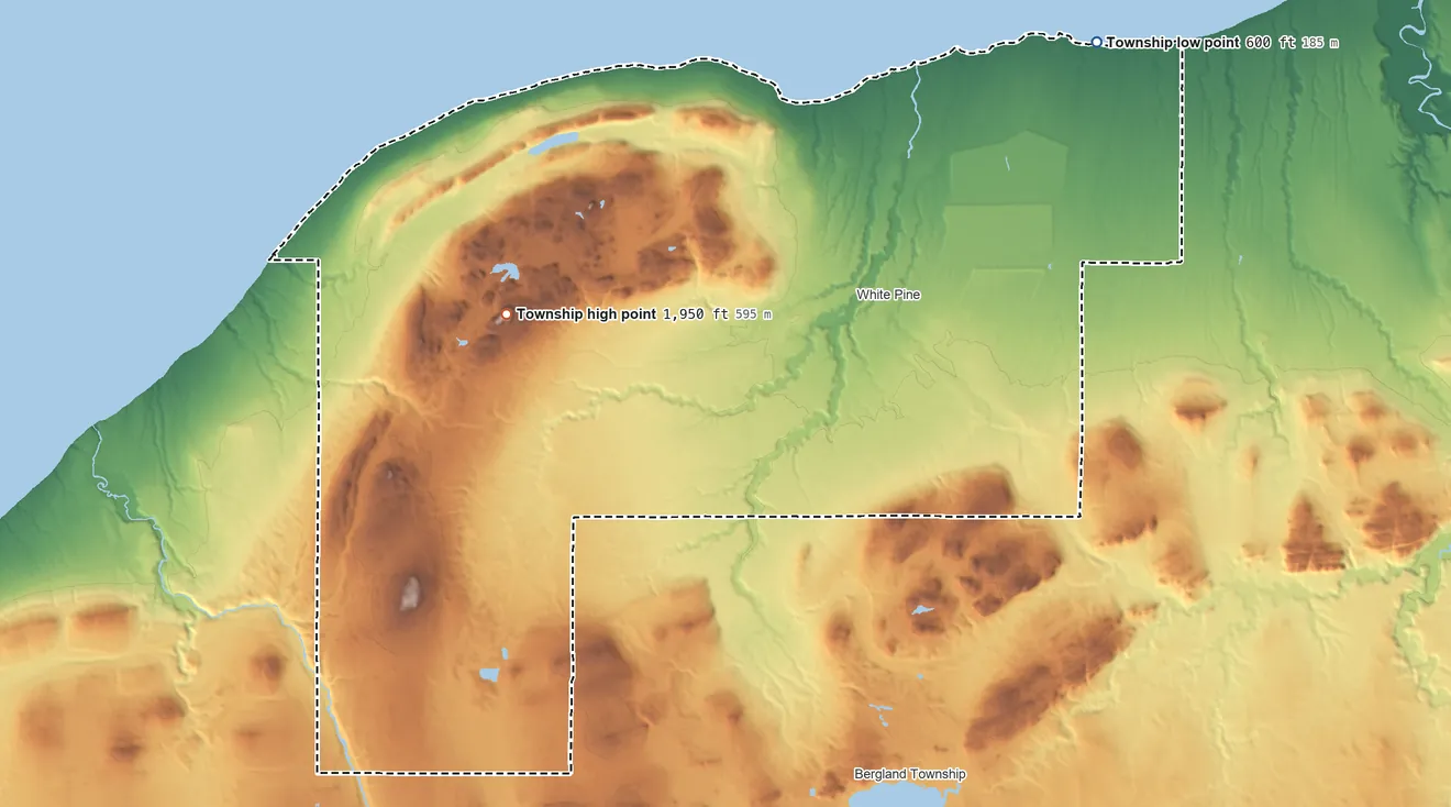 Topographic elevation map of Carp Lake Township, Ontonagon County, Michigan, shaded from 600 ft on the northeast side to 1,950 ft on Summit Peak