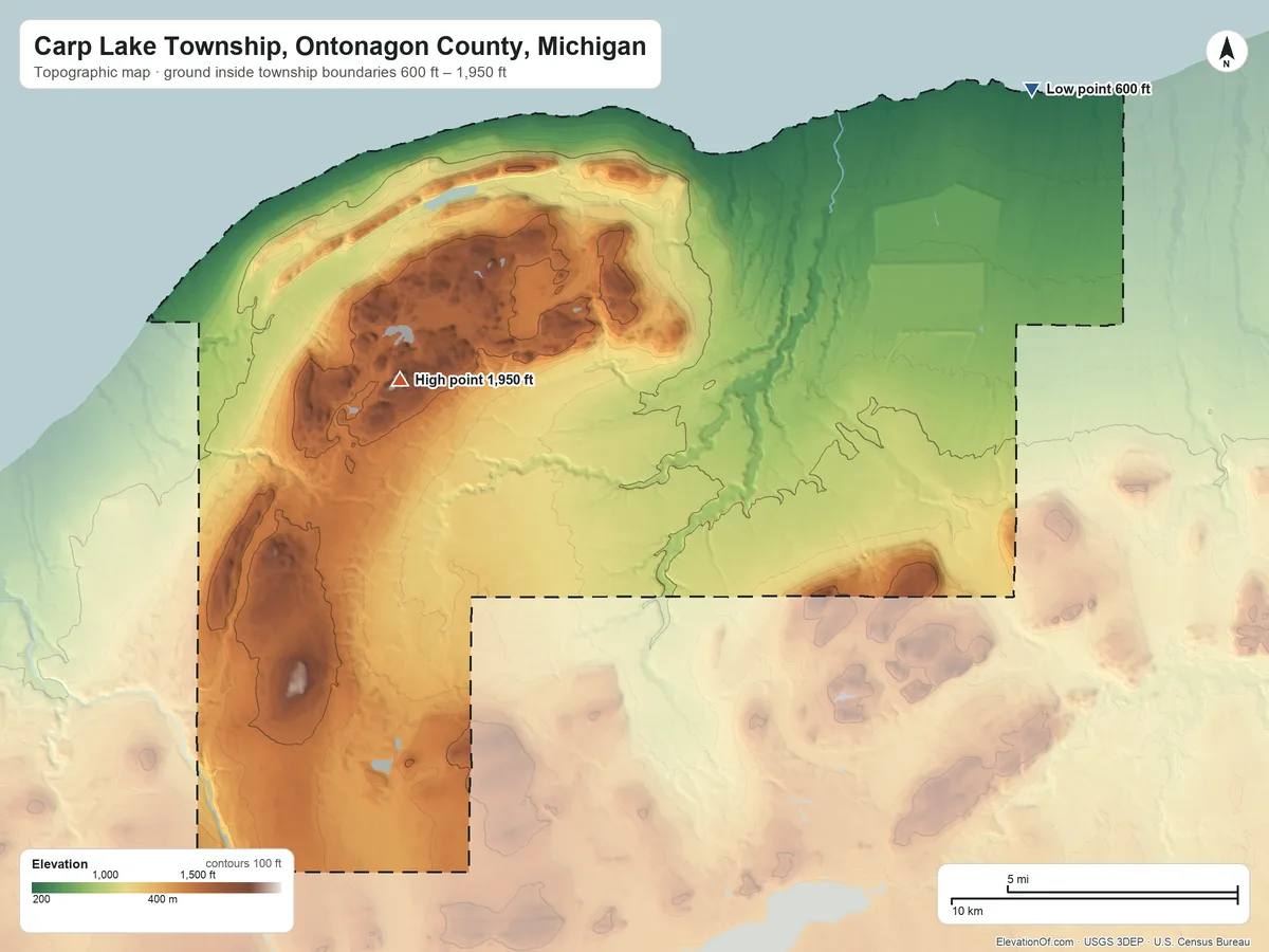 Topographic elevation map of Carp Lake Township, Ontonagon County, Michigan, shaded from 600 ft on the northeast side to 1,950 ft on Summit Peak