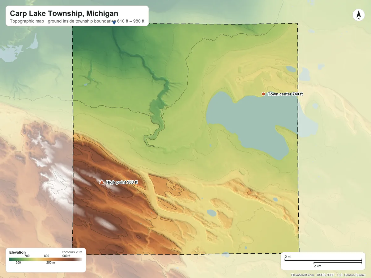 Topographic elevation map of Carp Lake Township, Michigan, shaded from 610 ft on the northwest side to 980 ft on the southwest side