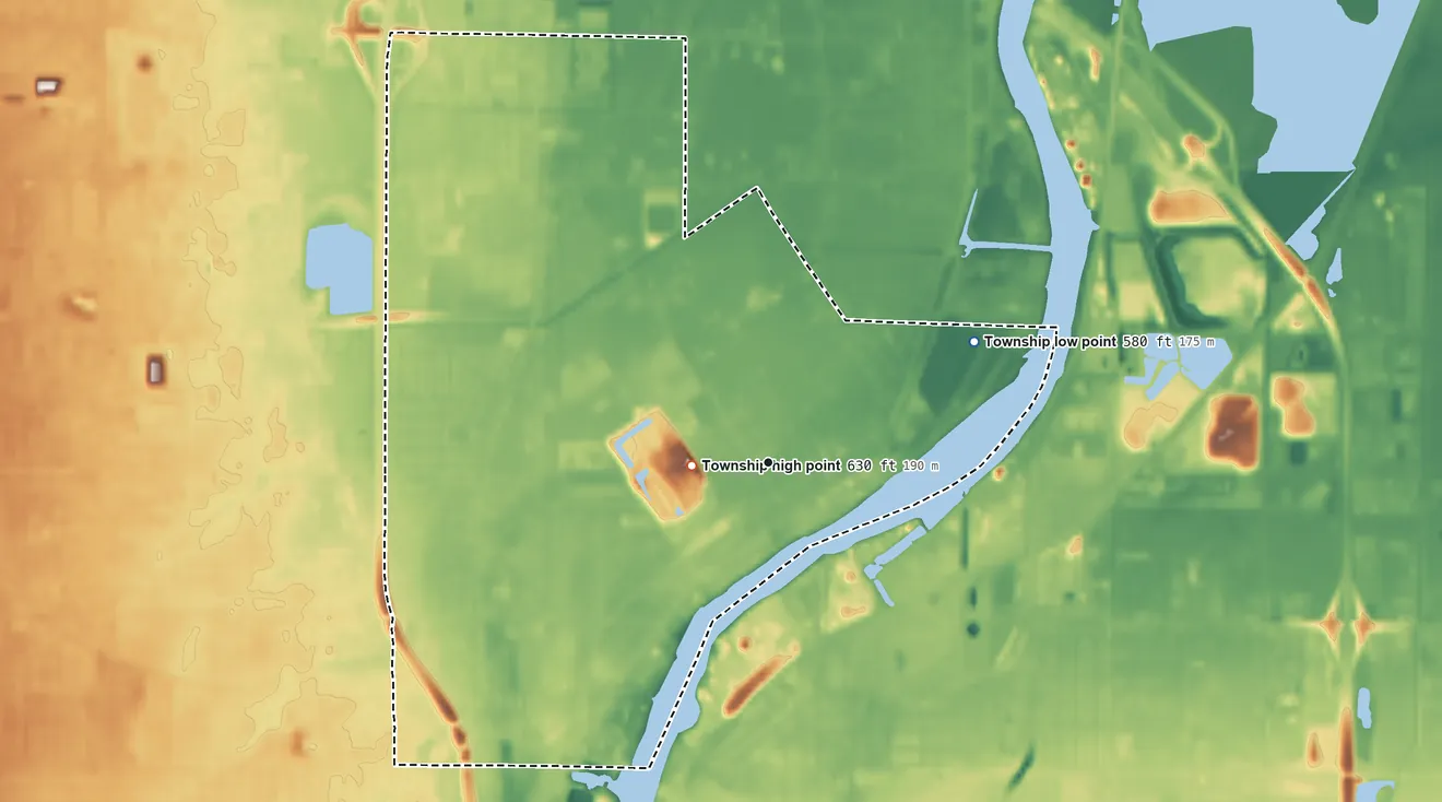Topographic elevation map of Carrollton Township, Michigan, shaded from 580 ft on the northeast side to 630 ft near the middle