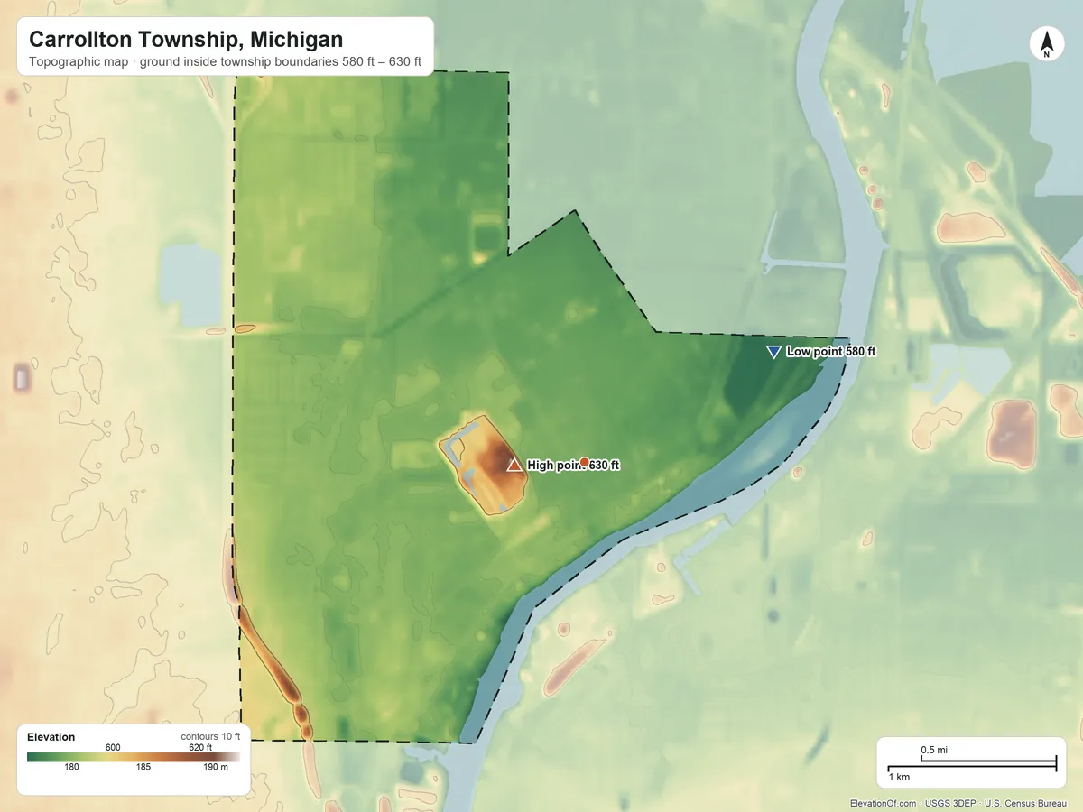 Topographic elevation map of Carrollton Township, Michigan, shaded from 580 ft on the northeast side to 630 ft near the middle