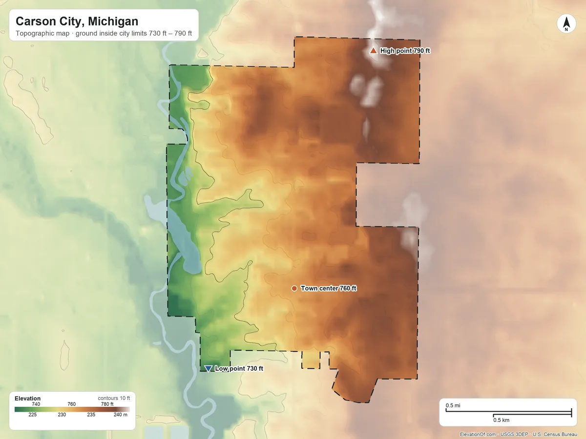 Topographic elevation map of Carson City, Michigan, shaded from 730 ft on the southwest side to 790 ft on the north side