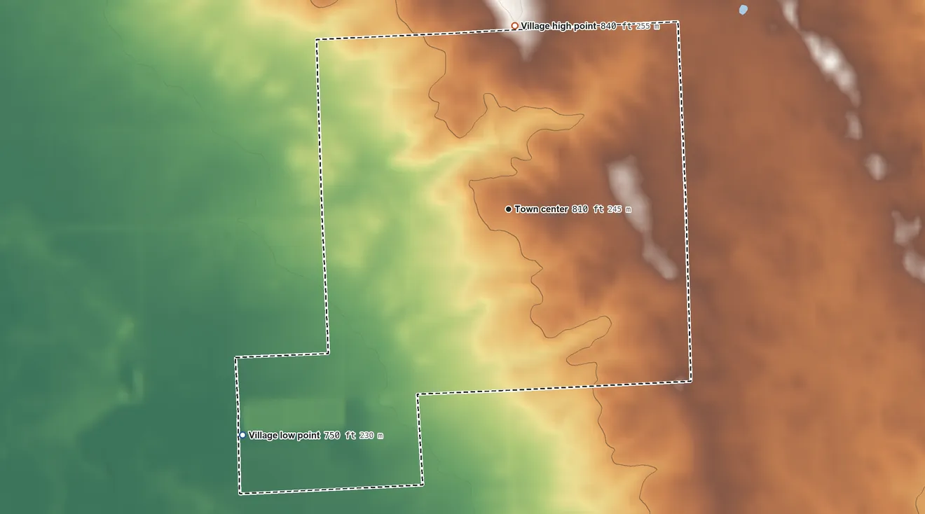 Topographic elevation map of Carsonville, Michigan, shaded from 750 ft on the southwest side to 840 ft on the north side