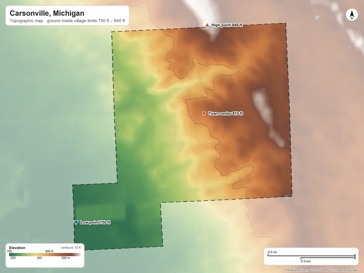 Topographic elevation map of Carsonville, Michigan, shaded from 750 ft on the southwest side to 840 ft on the north side