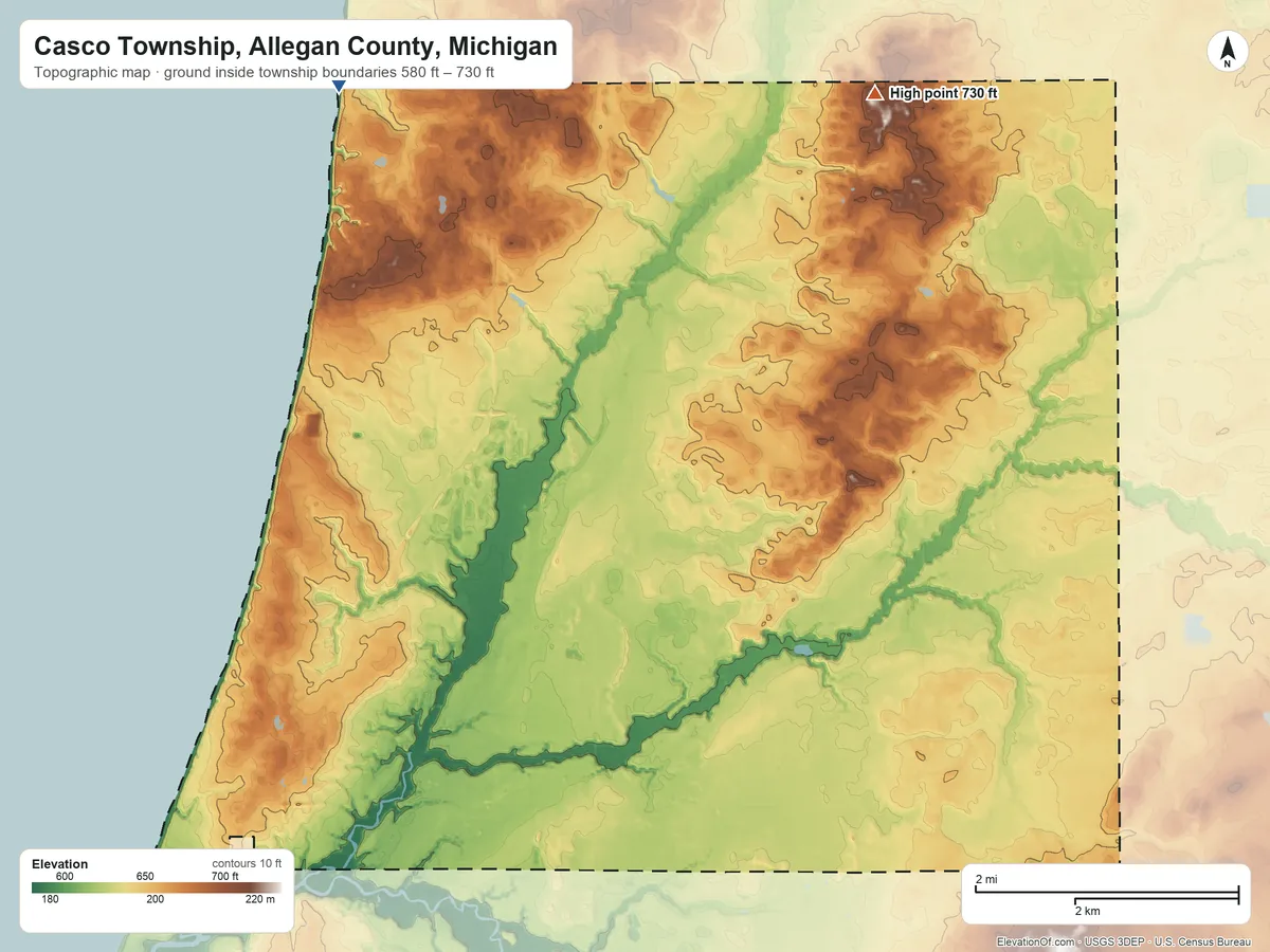 Topographic elevation map of Casco Township, Allegan County, Michigan, shaded from 580 ft on the northwest side to 730 ft on the northeast side
