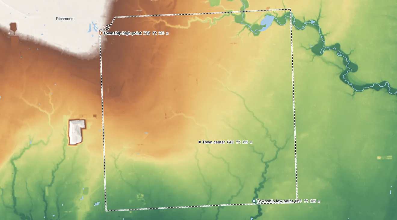 Topographic elevation map of Casco Township, Michigan, shaded from 600 ft on the southeast side to 710 ft on the northwest side