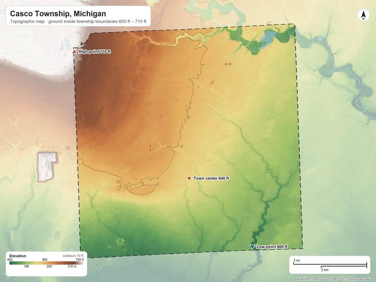Topographic elevation map of Casco Township, Michigan, shaded from 600 ft on the southeast side to 710 ft on the northwest side