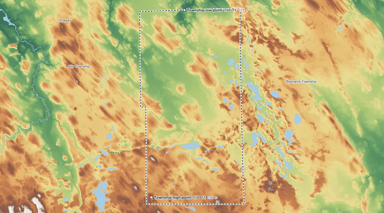 Topographic elevation map of Case Township, Michigan, shaded from 740 ft on the north side to 950 ft on the south side