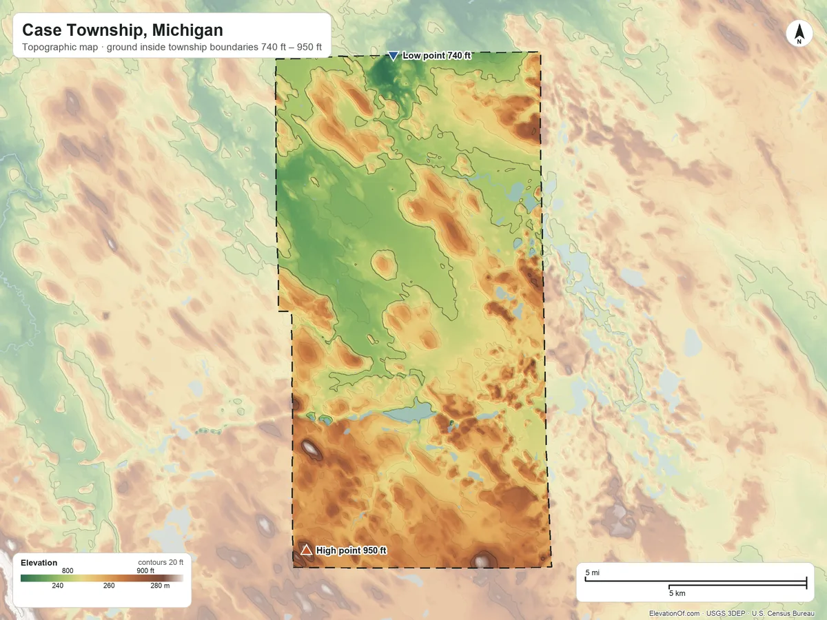 Topographic elevation map of Case Township, Michigan, shaded from 740 ft on the north side to 950 ft on the south side